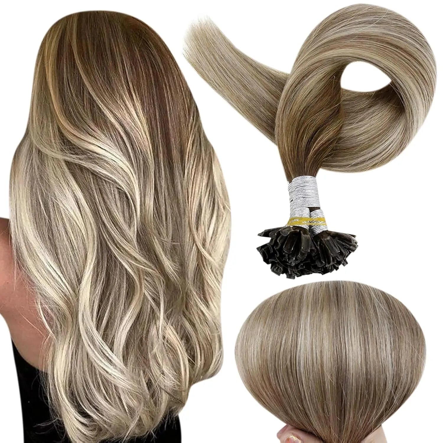 Full Shine U Tip Hair Extensions Human Hair 22 Inch Natural Human hair Extension Balayage Brown Fading to Blonde Highlighted Brown Natural Fusion Hair Keratin Extensions 50g/50s