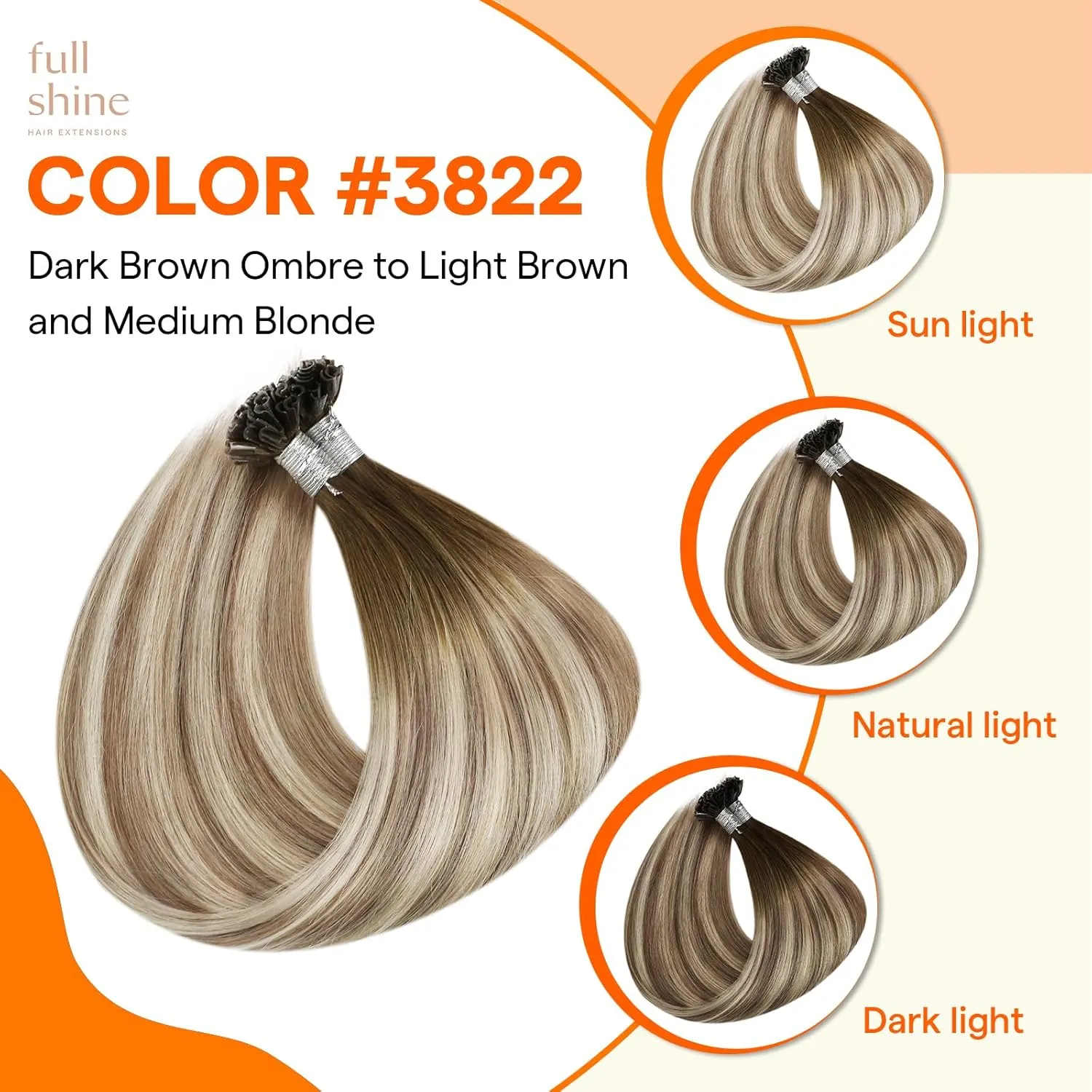 Full Shine U Tip Hair Extensions Human Hair 22 Inch Natural Human hair Extension Balayage Brown Fading to Blonde Highlighted Brown Natural Fusion Hair Keratin Extensions 50g/50s