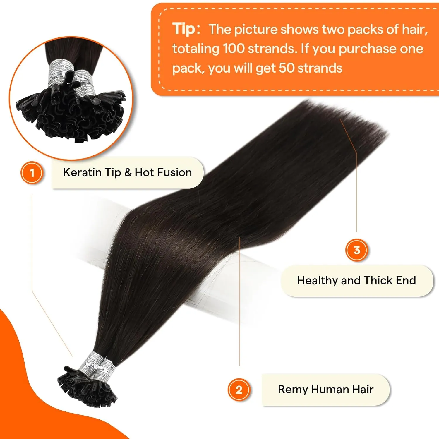 Full Shine U Tip Hair Extensions Human Hair Color 2 Darkest Brown Keratin Bond Hair Extensions Real Human Hair 50g/50s Fusion Extensions 22 Inch Natural Straight Hair add Length