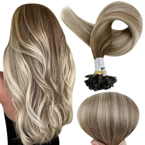 Full Shine U Tip Hair Extensions Real Human Hair 18 Inch Ktip Human Hair Extensions Balayage Color 3 Fading To 8 Ash Brown And 22 Blonde Fusion Extensions 50G/50S Pre Bonded Remy Hair for Wedding