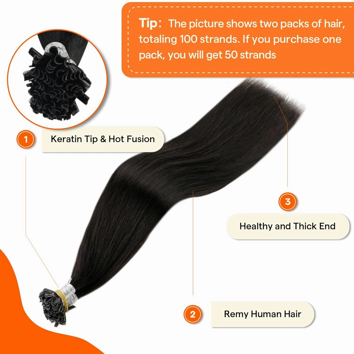 Full Shine Black U Tip Hair Extensions Human Hair 20 Inch Long Straight Remy Hair Color 1B Off Black U Tip Human Hair Extensions 50G/50S Fusion Real Human Hair Keratin Bond Extensions