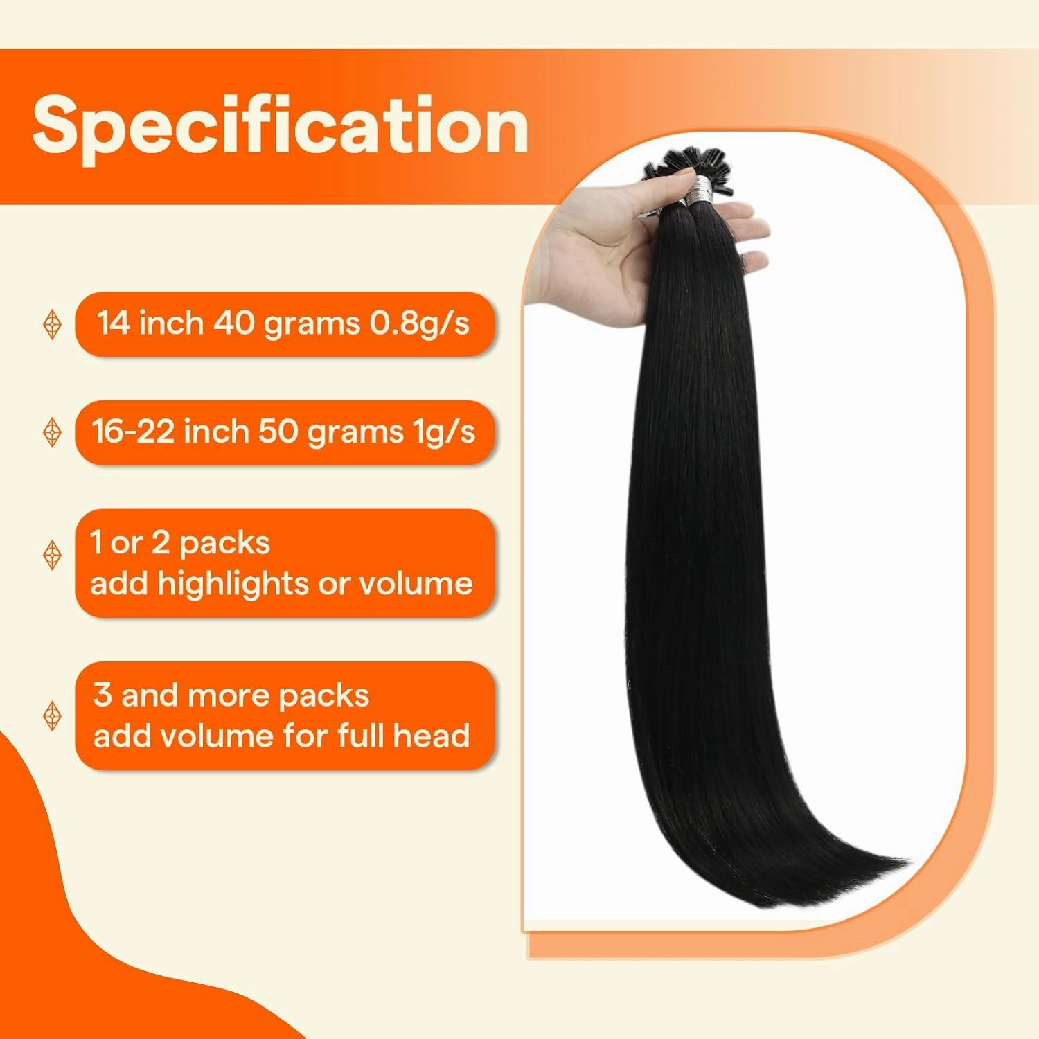 Full Shine Black U Tip Hair Extensions Human Hair 20 Inch Long Straight Remy Hair Color 1B Off Black U Tip Human Hair Extensions 50G/50S Fusion Real Human Hair Keratin Bond Extensions