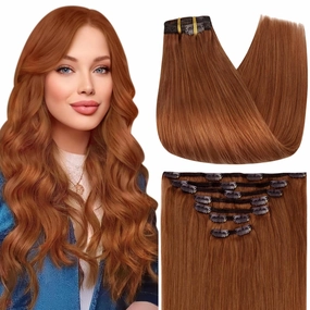 Full Shine Clip in Human Hair Extensions Copper Hair Clip in Extensions Copper Invisible Hair Extensions Straight 18 Inch 7 Pcs 120 G