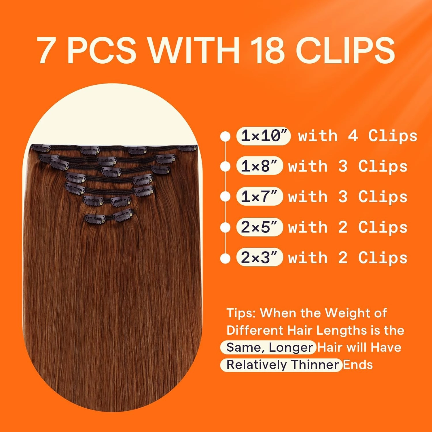 Full Shine Clip in Human Hair Extensions Copper Hair Clip in Extensions Copper Invisible Hair Extensions Straight 18 Inch 7 Pcs 120 G