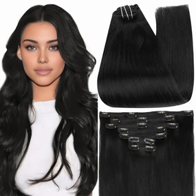 Full Shine Human Hair Clip in Extensions Black Clip in Hair Extensions Jet Black Brazilian Hair Triple Weft Straight Real Hair Extensions for Women 20 Inch 7 Pcs 120 G