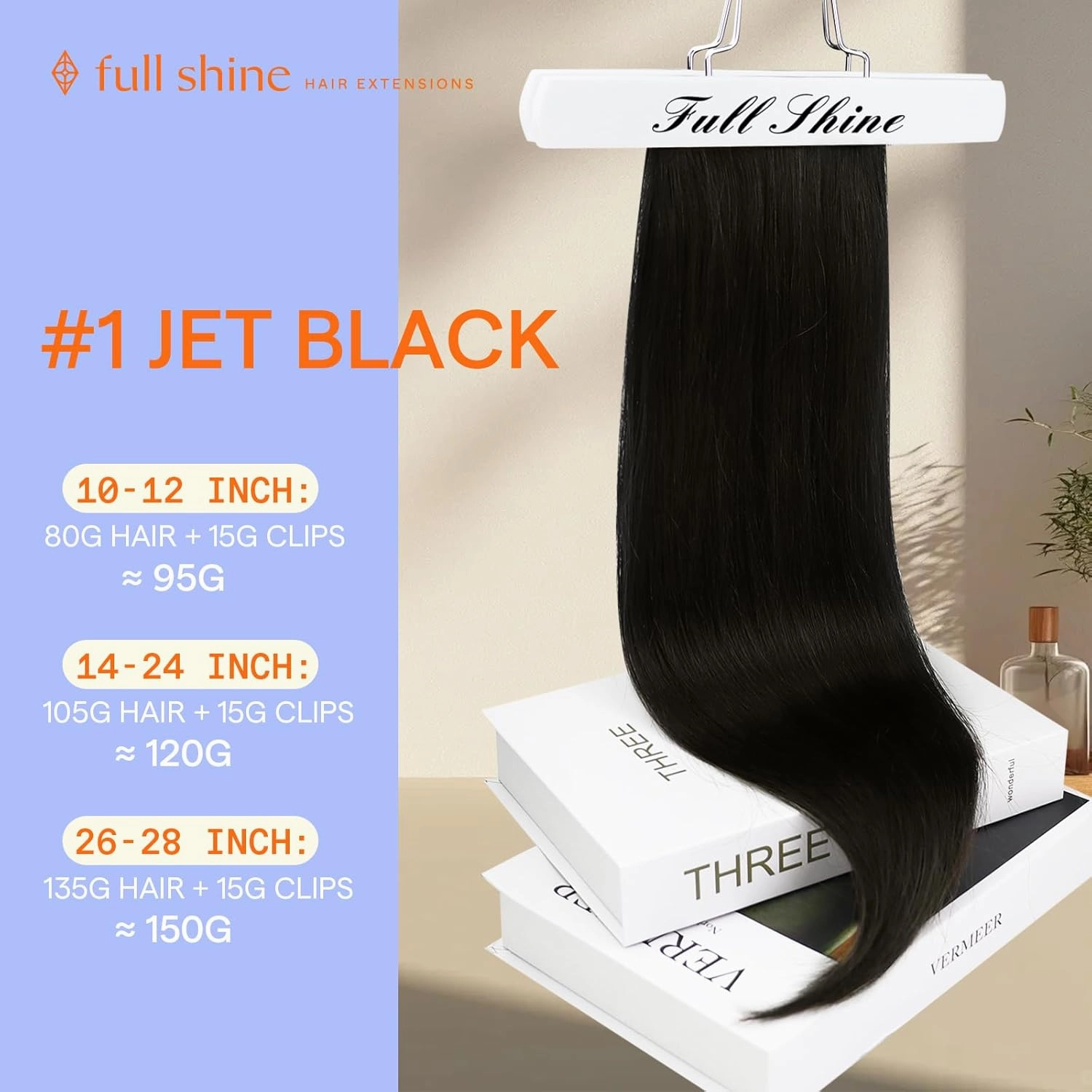 Full Shine Human Hair Clip in Extensions Black Clip in Hair Extensions Jet Black Brazilian Hair Triple Weft Straight Real Hair Extensions for Women 20 Inch 7 Pcs 120 G