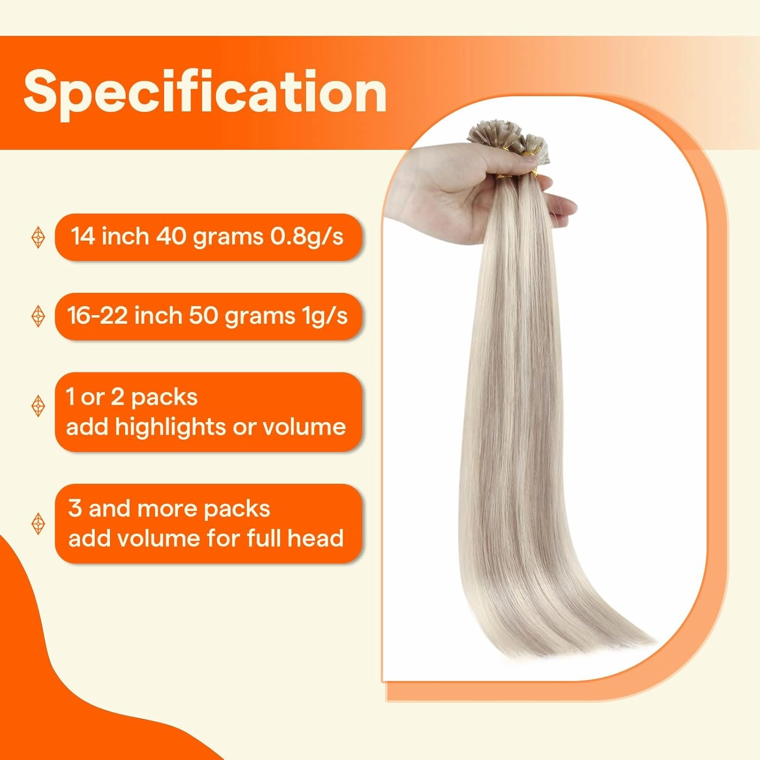 Full Shine U Tip Hair Extensions 20 Inch Keratin Human Hair Extensions Color 18 Ash Blonde Highlighted 613 Bleach Blonde Fusion Extensions Remy Hair 50g 50s Natural Prebonded Extensions