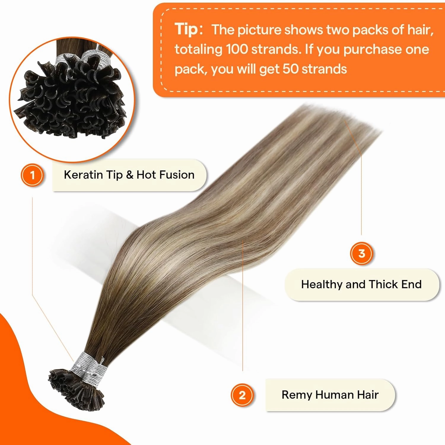 Full Shine U Tip Human Hair Extensions 20 Inch K Tip Hair Extensions Real Human Hair Balayage Color 3 Fading to 8 and 22 Blonde Nail Tip Extensions 50s 50g