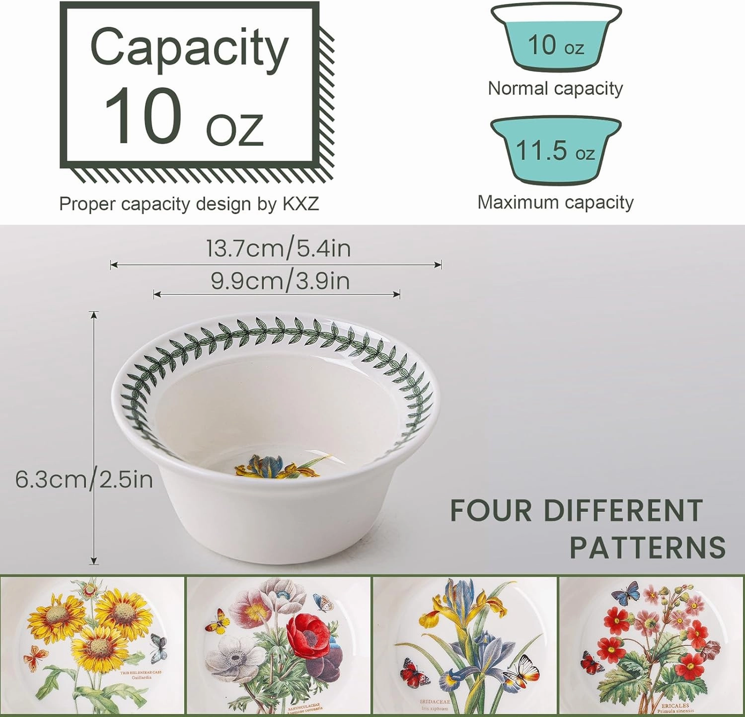 Garden 5.4" Ice Cream Bowls - Set of 4 | Assorted Floral Motifs | Fine Earthenware | Chip Resistant Glaze | Dishwasher, Microwave, Freezer, Oven Safe |Ideal for Yogurt, Desserts, Soup, Cereal, Serving