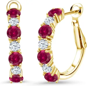 Gem Stone King 18K Yellow Gold Plated Silver Red Created Ruby Hoop Earrings For Women (2.66 Cttw, Gemstone July Birthstone, Round 4MM and 3MM)