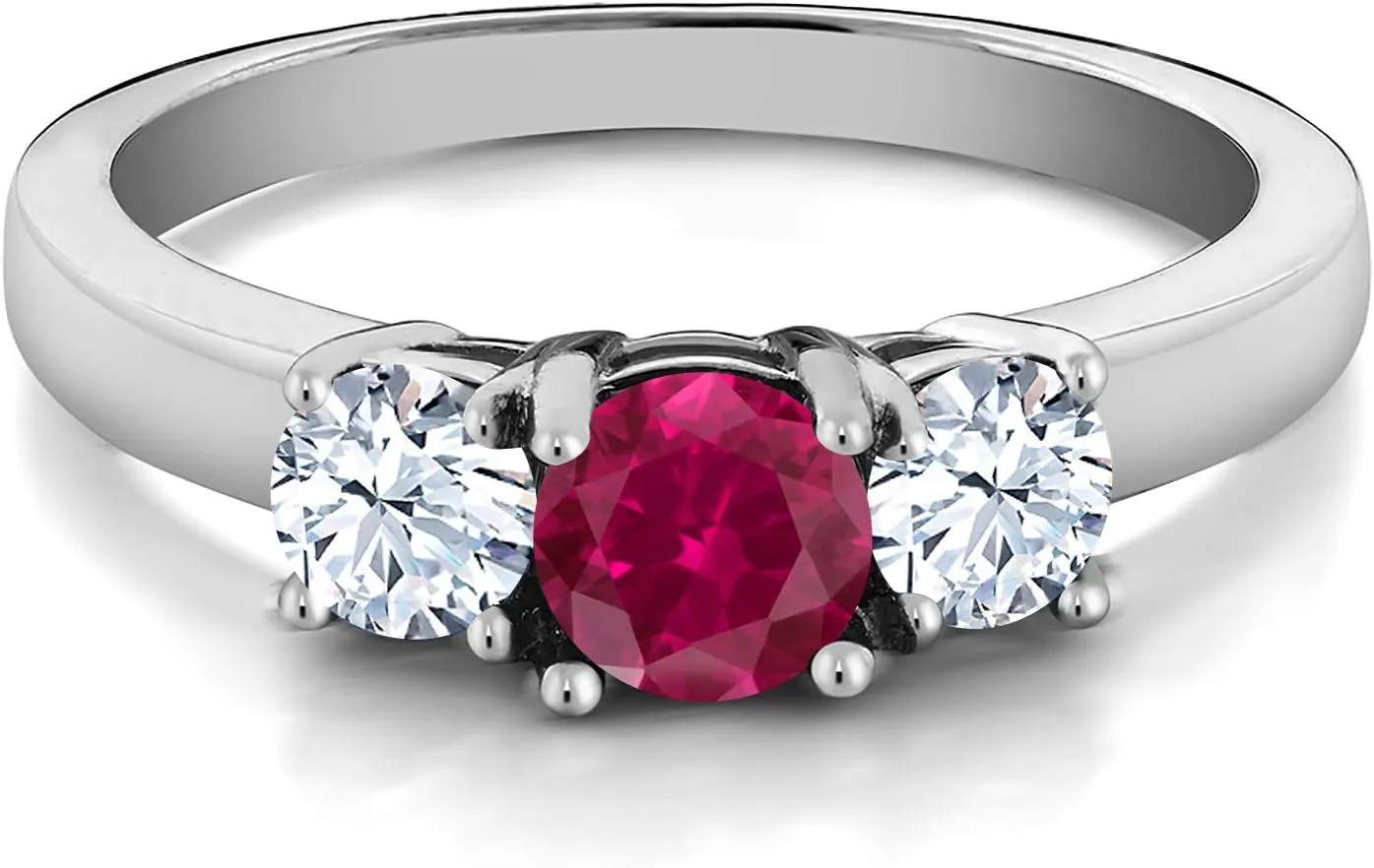 Gem Stone King 925 Sterling Silver Red Created Ruby 3-Stone Ring 1.00 Cttw 3 Stone Wedding Engagement Anniversary Promise Ring For Women