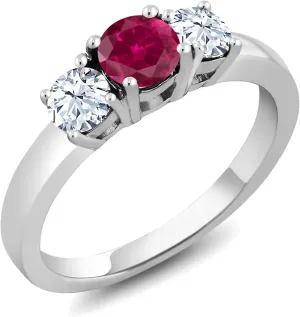 Gem Stone King 925 Sterling Silver Red Created Ruby 3-Stone Ring 1.00 Cttw 3 Stone Wedding Engagement Anniversary Promise Ring For Women