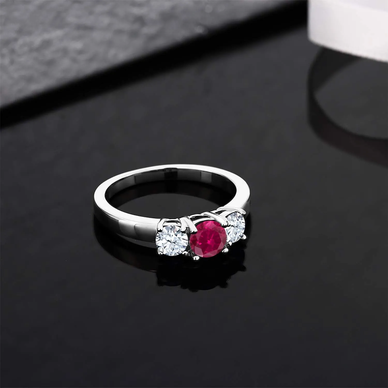 Gem Stone King 925 Sterling Silver Red Created Ruby 3-Stone Ring 1.00 Cttw 3 Stone Wedding Engagement Anniversary Promise Ring For Women