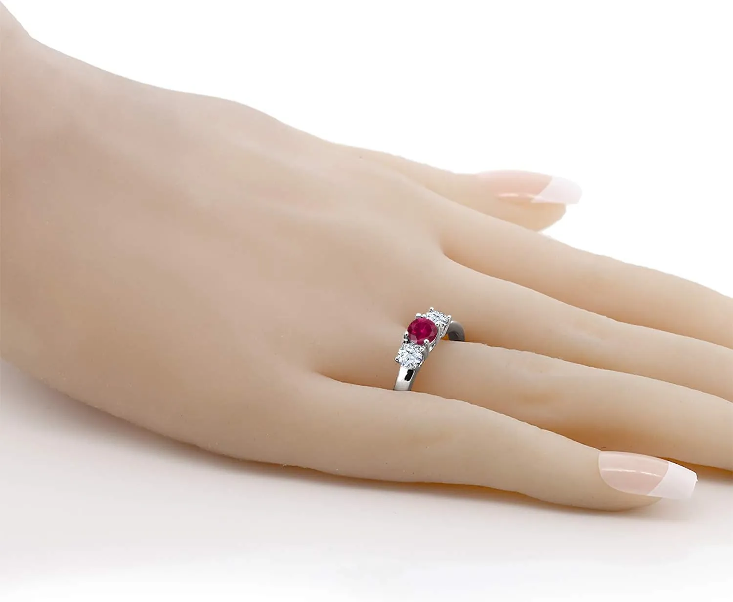 Gem Stone King 925 Sterling Silver Red Created Ruby 3-Stone Ring 1.00 Cttw 3 Stone Wedding Engagement Anniversary Promise Ring For Women