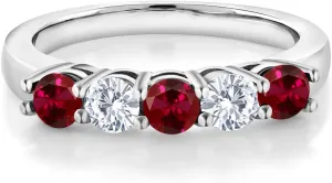 Gem Stone King 925 Sterling Silver Red Created Ruby and White Moissanite 5-Stone Wedding Anniversary Band Ring For Women (1.07 Cttw, Gemstone July Birthstone, Available In Size 5, 6, 7, 8, 9)