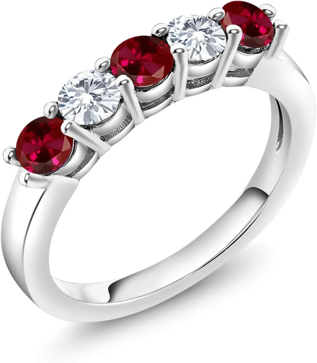 Gem Stone King 925 Sterling Silver Red Created Ruby and White Moissanite 5-Stone Wedding Anniversary Band Ring For Women (1.07 Cttw, Gemstone July Birthstone, Available In Size 5, 6, 7, 8, 9)