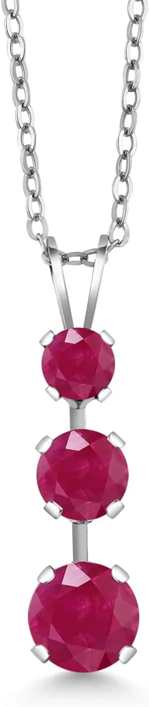 Gem Stone King 925 Sterling Silver Red Ruby 3 Stone Pendant Necklace For Women (1.85 Cttw, Gemstone July Birthstone, Round 6MM, 5MM and 4MM, with 18 Inch Chain)