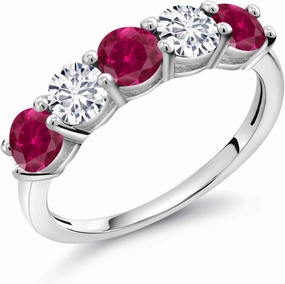 Gem Stone King 925 Sterling Silver Red Created Ruby and White Lab Grown Diamond Wedding Band Ring For Women (1.09 Cttw, Round 3.5MM, Gemstone July Birthstone, Available In Size 5, 6, 7, 8, 9)