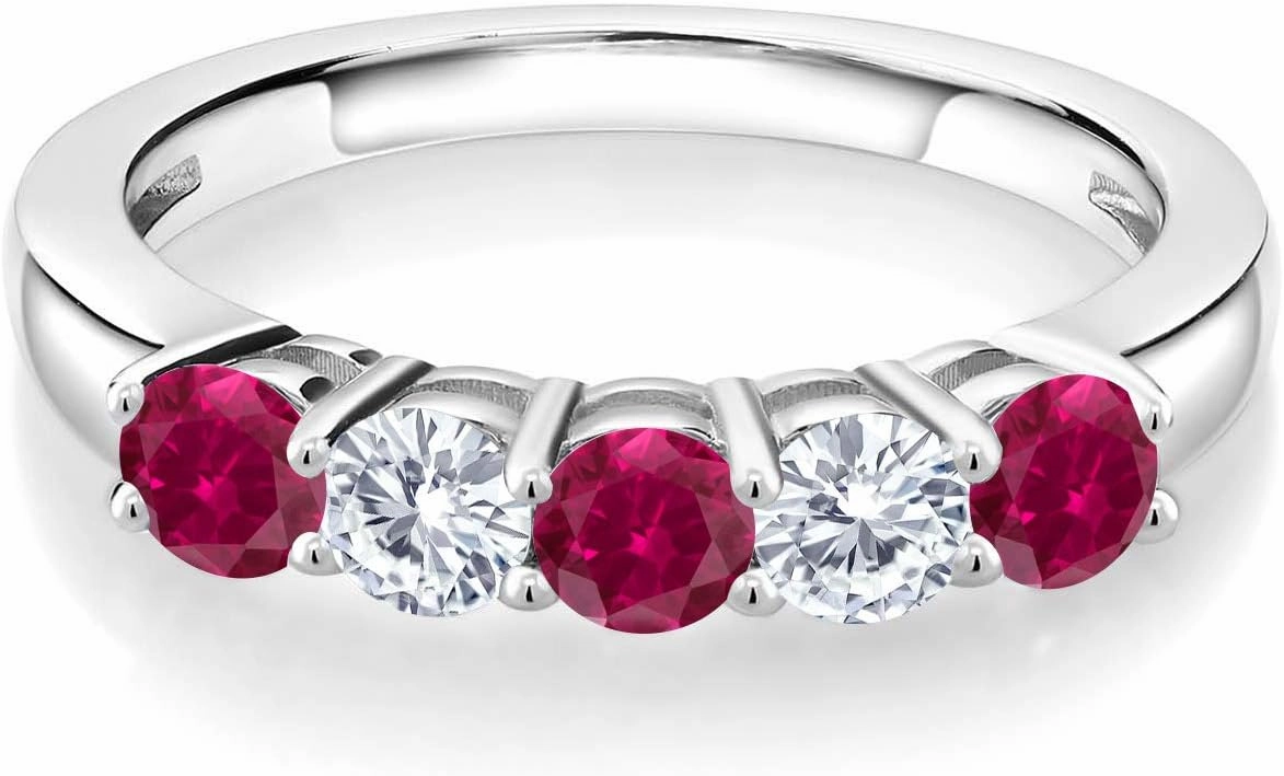 Gem Stone King 925 Sterling Silver Red Created Ruby and White Lab Grown Diamond Wedding Band Ring For Women (1.09 Cttw, Round 3.5MM, Gemstone July Birthstone, Available In Size 5, 6, 7, 8, 9)