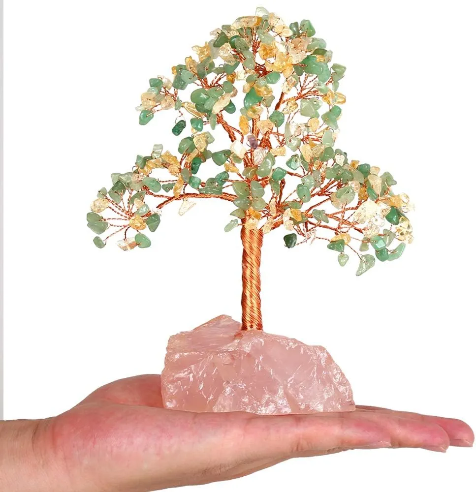 Gemstone Crystal Tree of Life,Natural Citrine Mix Aventurine with Rose Quartz Base,Healing Crystals Bonsai Feng Shui Home Decor Money Tree for Wealth and Luck