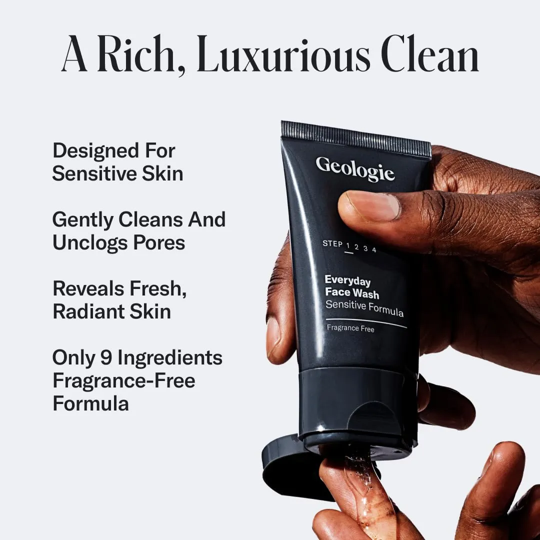 Geologie Sensitive Skincare Set for Men & Women | 1-Month Gentle & Effective Daily Skin Routine | Acne, Oily Skin, Dark Spots | Face Wash 2-Pack, Retinol Face Cream, SPF15 Moisturizer & Eye Cream