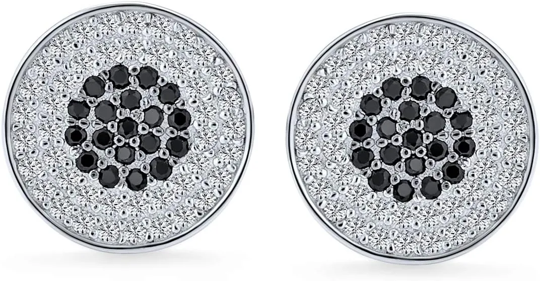 Geometric Two Tone Black or Blue White Zig Zag Square Micro Pave Cubic Zirconia CZ Stud Earrings For Men Sterling Silver