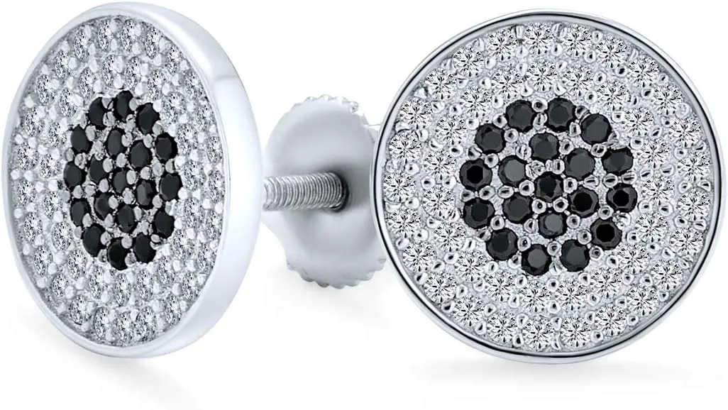 Geometric Two Tone Black or Blue White Zig Zag Square Micro Pave Cubic Zirconia CZ Stud Earrings For Men Sterling Silver