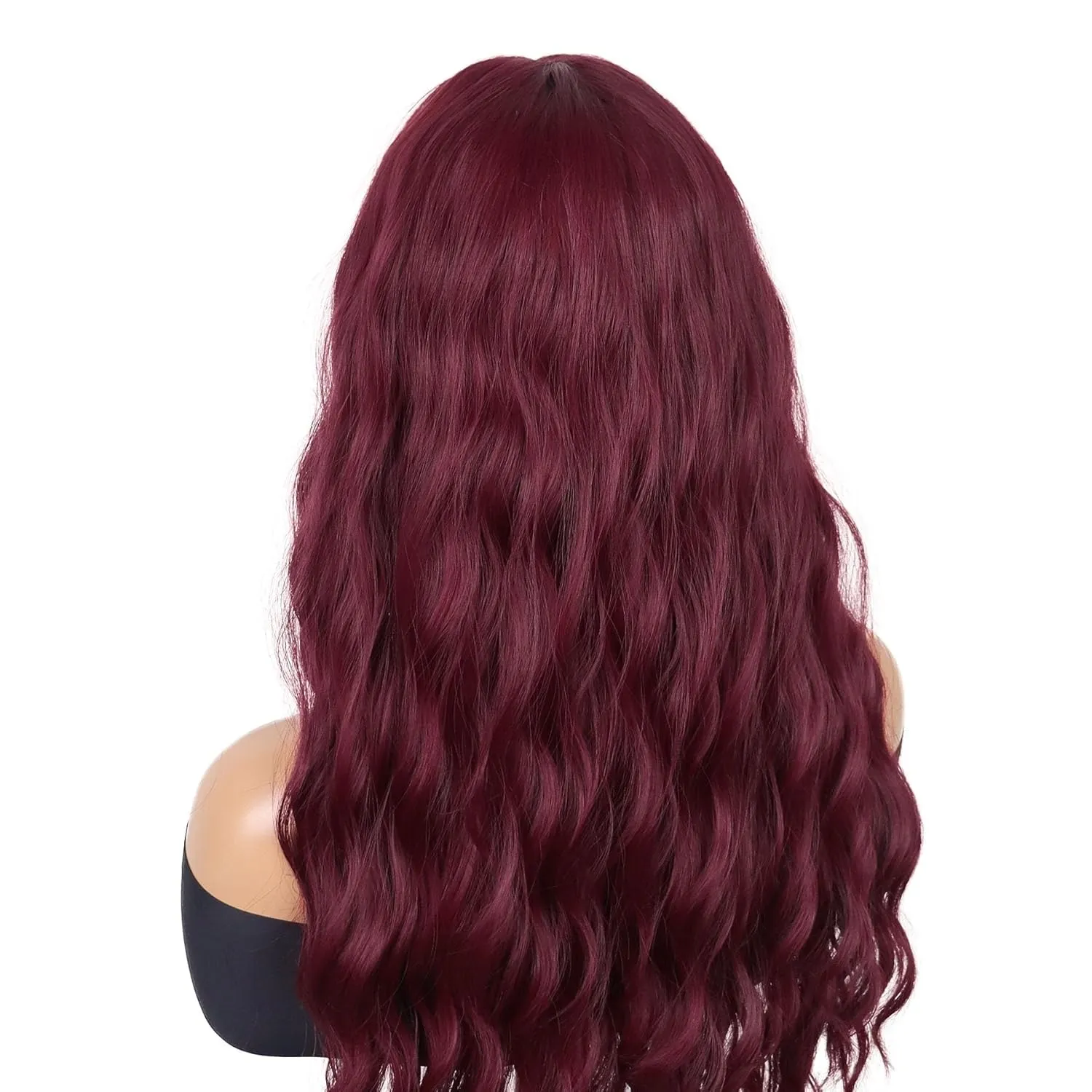 GNIMEGIL 28 inch Gorgeous Burgundy Wavy Wig with Bangs Long Curly Hair Wigs for Women in Synthetic Hair