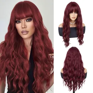 GNIMEGIL 28 inch Gorgeous Burgundy Wavy Wig with Bangs Long Curly Hair Wigs for Women in Synthetic Hair