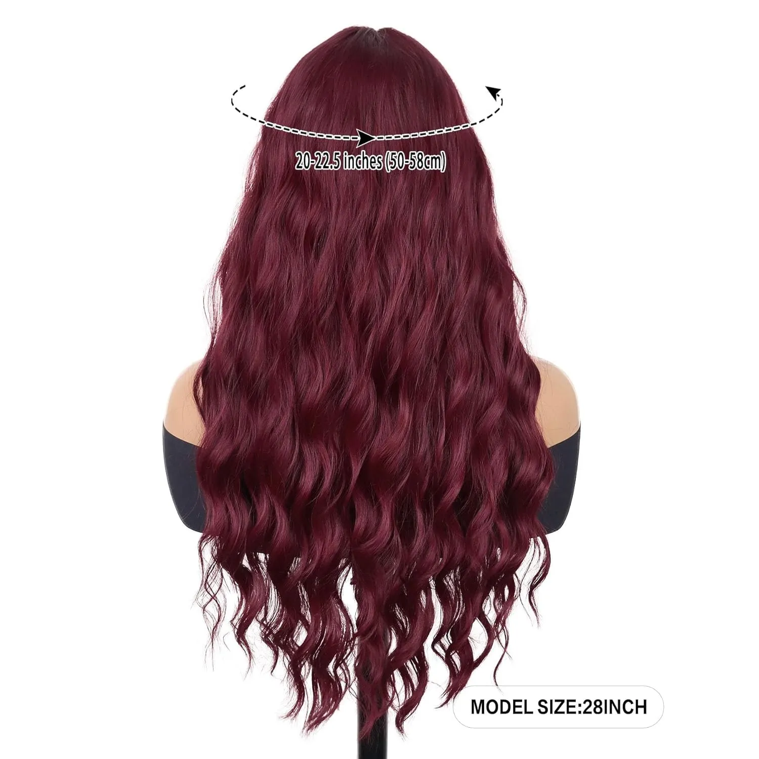 GNIMEGIL 28 inch Gorgeous Burgundy Wavy Wig with Bangs Long Curly Hair Wigs for Women in Synthetic Hair