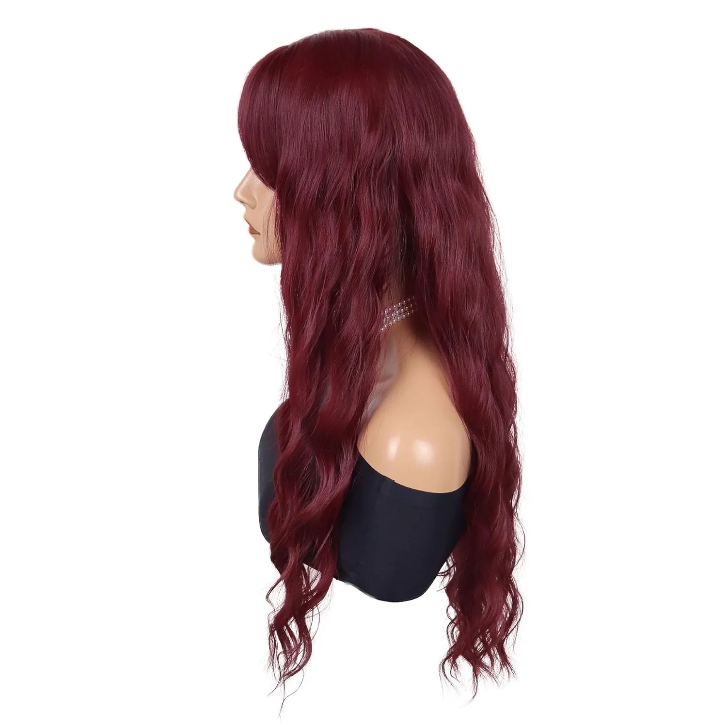 GNIMEGIL 28 inch Gorgeous Burgundy Wavy Wig with Bangs Long Curly Hair Wigs for Women in Synthetic Hair