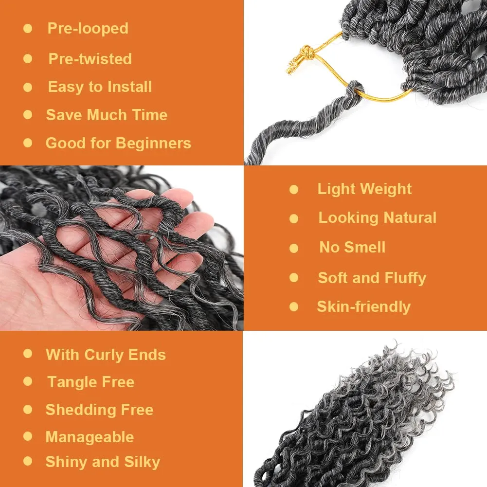 Goddess Locs Crochet Hair 10 Inch 7 Packs Faux Locs Crochet Hair for Women Pre Looped Gray Soft Locs with Curly Hair (T1B/Gray#)