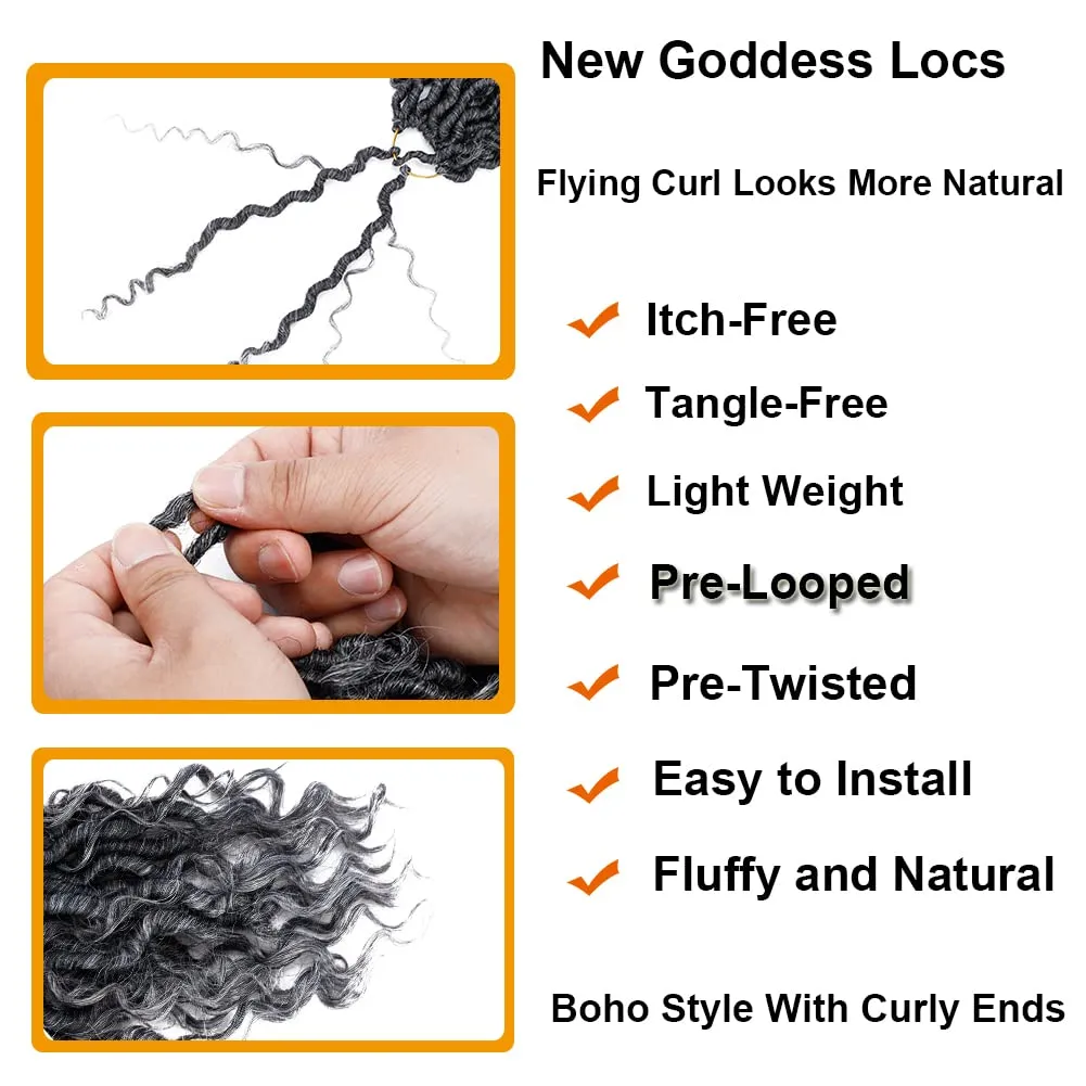 Goddess Locs Crochet Hair 10 Inch 7 Packs Faux Locs Crochet Hair for Women Pre Looped Gray Soft Locs with Curly Hair (T1B/Gray#)