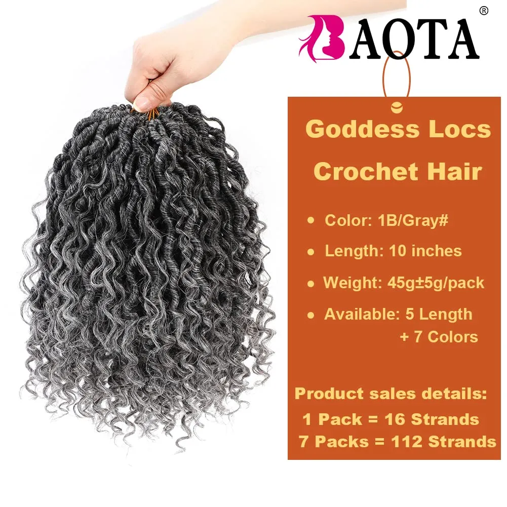 Goddess Locs Crochet Hair 10 Inch 7 Packs Faux Locs Crochet Hair for Women Pre Looped Gray Soft Locs with Curly Hair (T1B/Gray#)