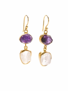Gold Luxe earrings - Clear Quartz & amethyst double drop dangles