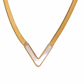 Gold V-Shaped Mother of Pearl Necklace-jltn0692