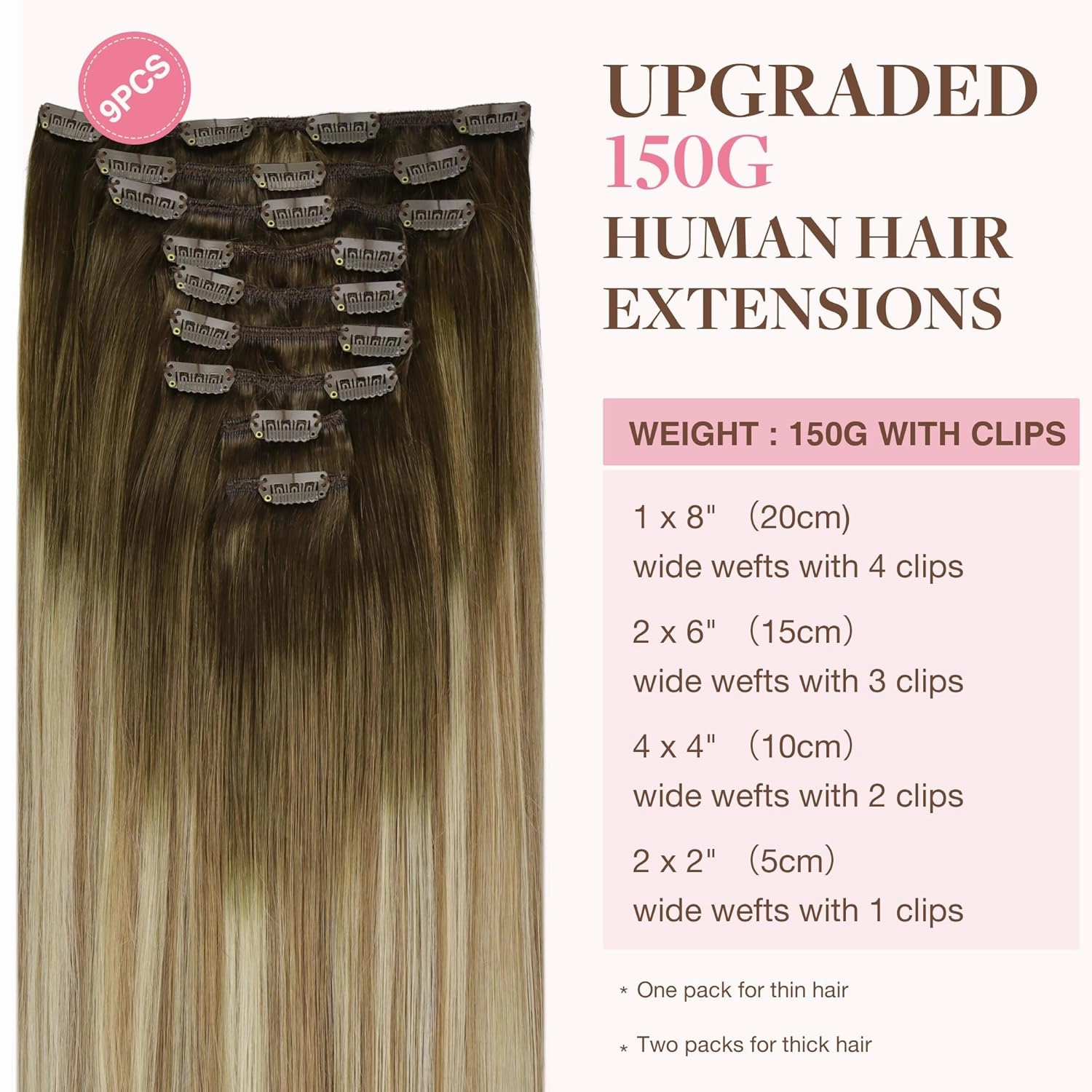 GOO GOO Clip in Hair Extensions Real Human Hair, Remy Human Hair Extensions Clip ins for Women, Natural Human Hair, 24inch 150g 9Pcs, #3/8/613 Balayage Walnut Brown to Ash Brown and Bleach Blonde