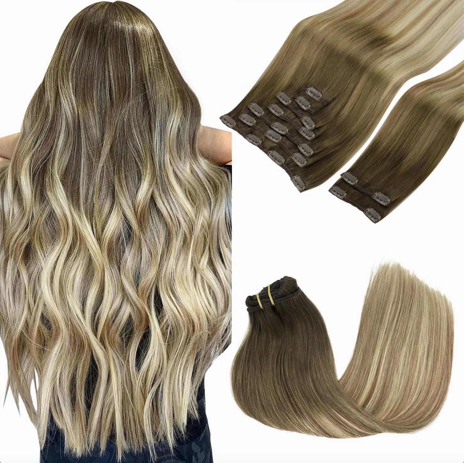 GOO GOO Clip in Hair Extensions Real Human Hair, Remy Human Hair Extensions Clip ins for Women, Natural Human Hair, 24inch 150g 9Pcs, #3/8/613 Balayage Walnut Brown to Ash Brown and Bleach Blonde