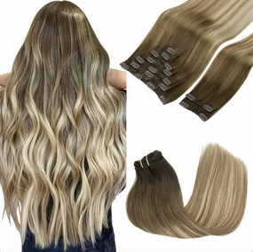 GOO GOO Clip in Hair Extensions Real Human Hair, Remy Human Hair Extensions Clip ins for Women, Natural Human Hair, 24inch 150g 9Pcs, #3/8/613 Balayage Walnut Brown to Ash Brown and Bleach Blonde