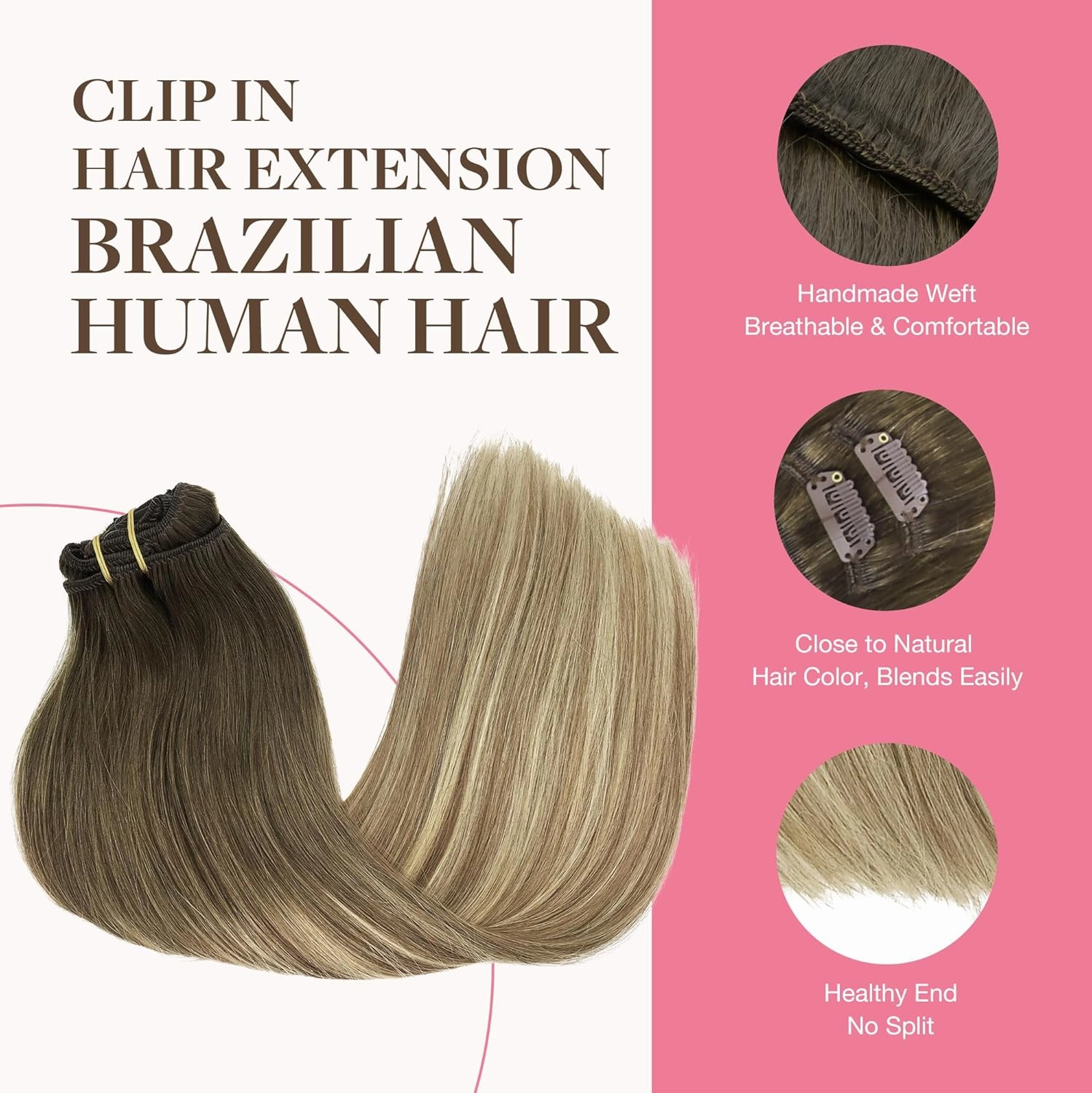 GOO GOO Clip in Hair Extensions Real Human Hair, Remy Human Hair Extensions Clip ins for Women, Natural Human Hair, 24inch 150g 9Pcs, #3/8/613 Balayage Walnut Brown to Ash Brown and Bleach Blonde