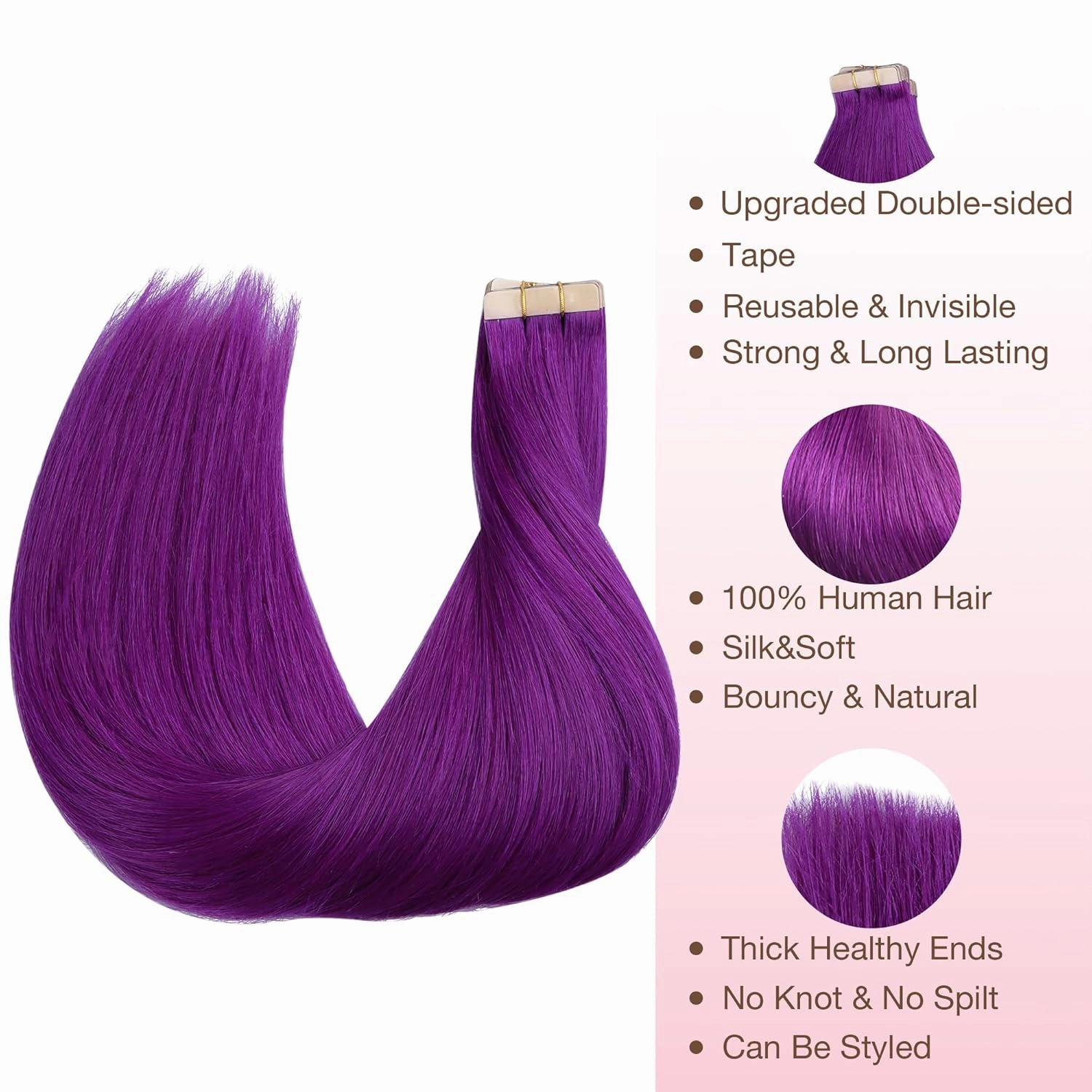 GOO GOO Tape in Hair Extensions Human Hair, Purple, 22inch 30g 10pcs, Colored Tape ins Human Hair Extensions, Silky&Soft Invisible Tape Ins, Hair Highlighted for Party