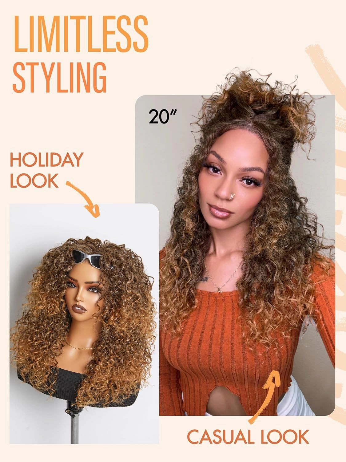 GORGIUS Brown to Blonde Ombre Curly Wig Glueless Synthetic Lace Front Wigs Pre Cut Pre Plucked Hairline 20 Inch