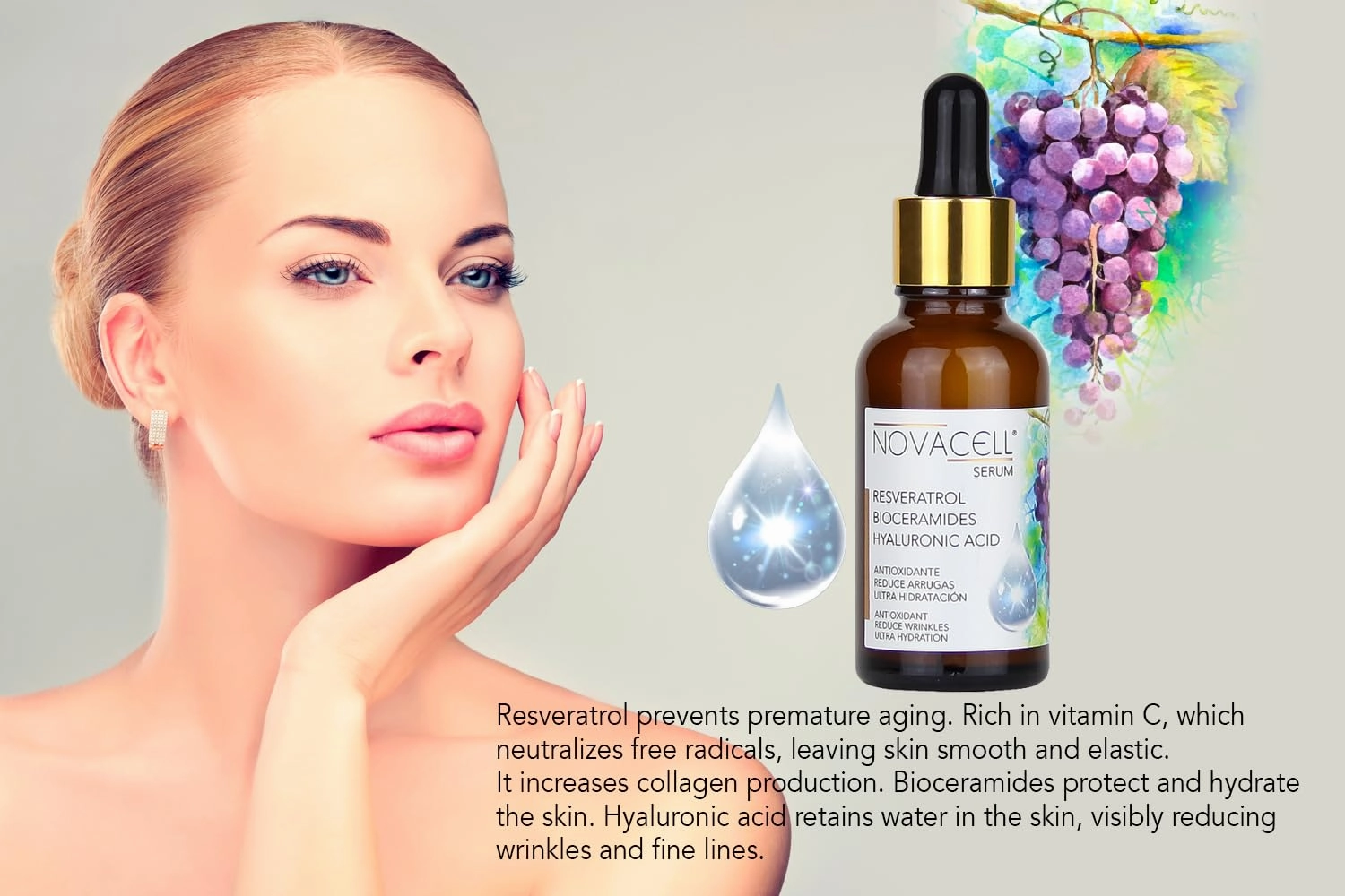 Grape Seed Facial Serum with Resveratrol, Bioceramides and Hyaluronic Acid - Favors Elasticity & Firmness, Intensively Fills Wrinkles - 30 ml