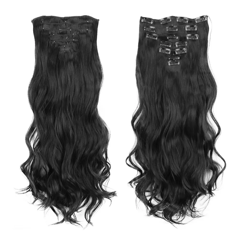Hair Extensions, 16 card suit chemical fiber long curly hair extension piece big wave curly hair seven-piece set of card hair,for Women(Black)
