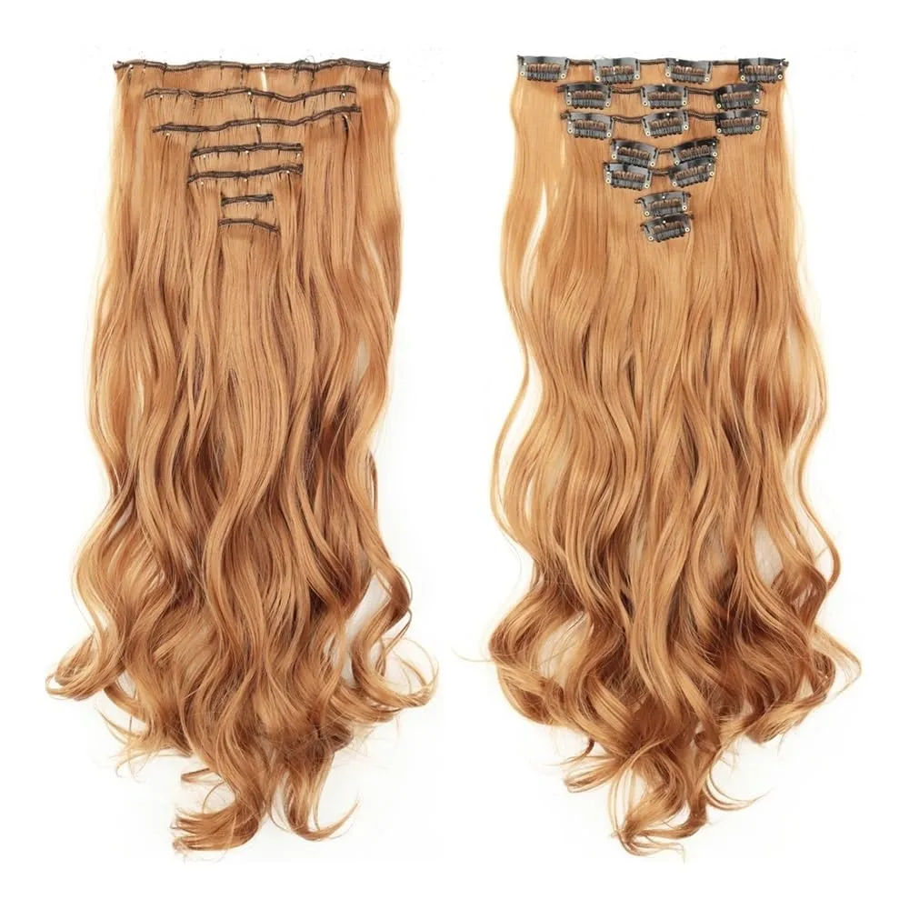 Hair Extensions, 16 card suit chemical fiber long curly hair extension piece big wave curly hair seven-piece set of card hair,for Women(Dark brown)