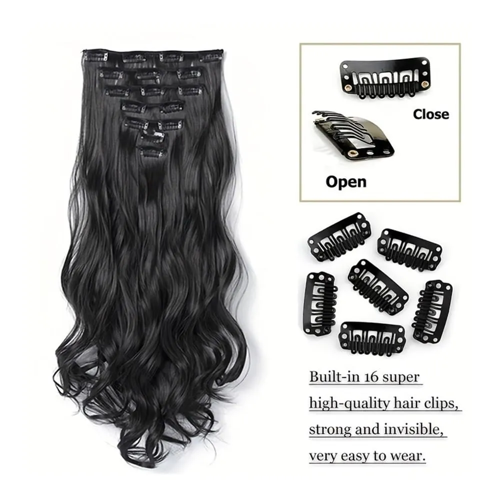 Hair Extensions, 16 card suit chemical fiber long curly hair extension piece big wave curly hair seven-piece set of card hair,for Women(Silver-white)