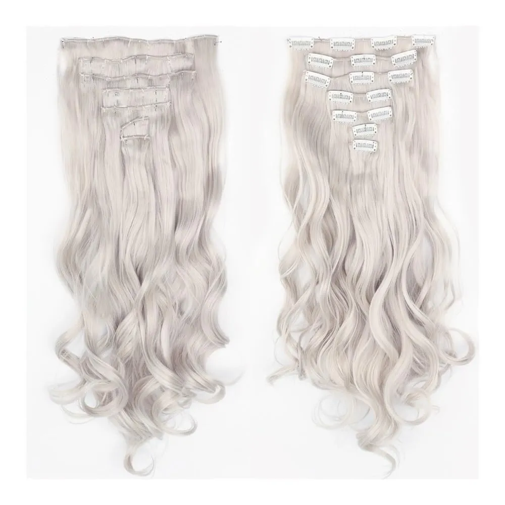 Hair Extensions, 16 card suit chemical fiber long curly hair extension piece big wave curly hair seven-piece set of card hair,for Women(Silver-white)