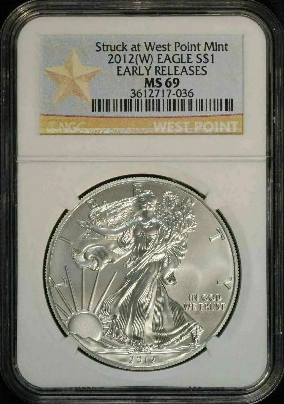 Hall of Fame Sports Memorabilia - 2012 W American Silver Eagle - Burnished - Bright White - A Near Perfect Grade - Early Release - Professionally Graded - NGC MS69