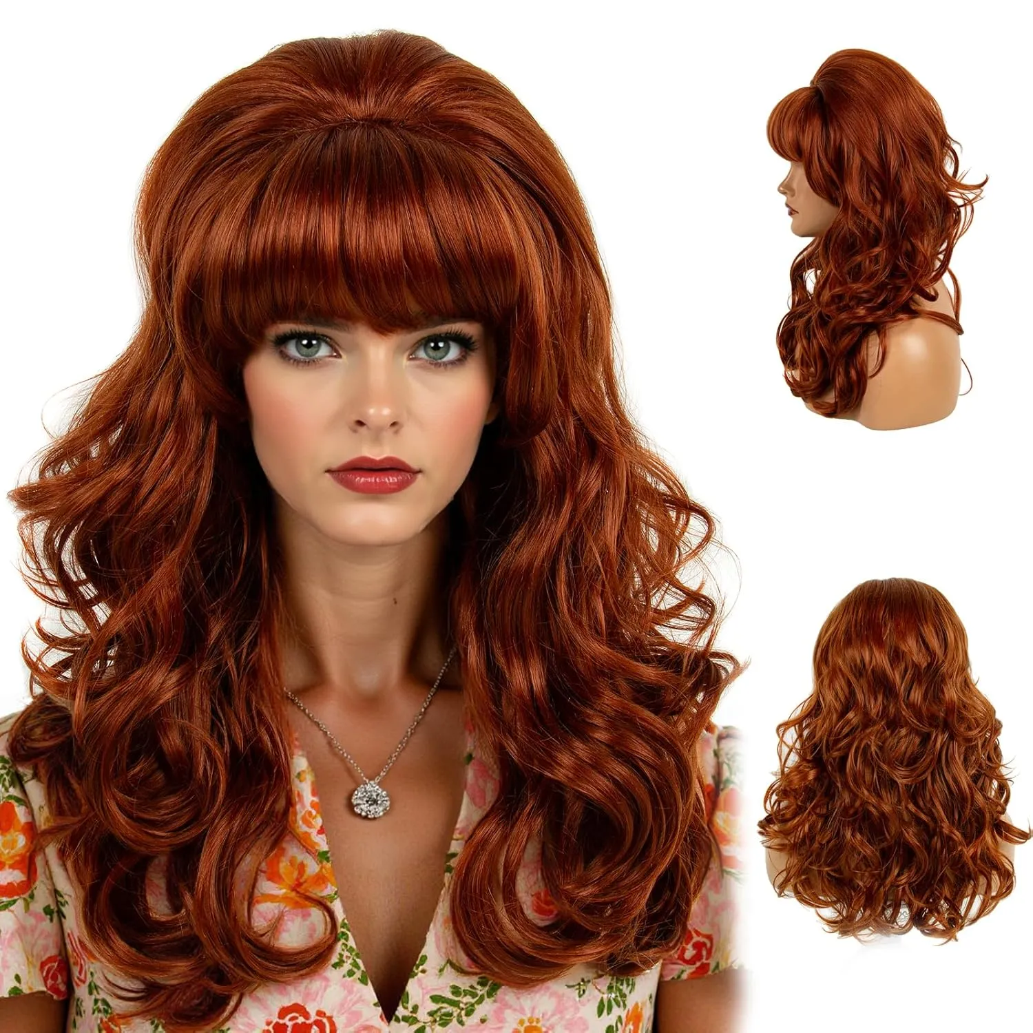 H&Bwig Retro Auburn Copper Beehive Wig - Big Bouffant Curly/Wavy Hair for 50s-80s Women's Costume Parties & Cosplay Events
