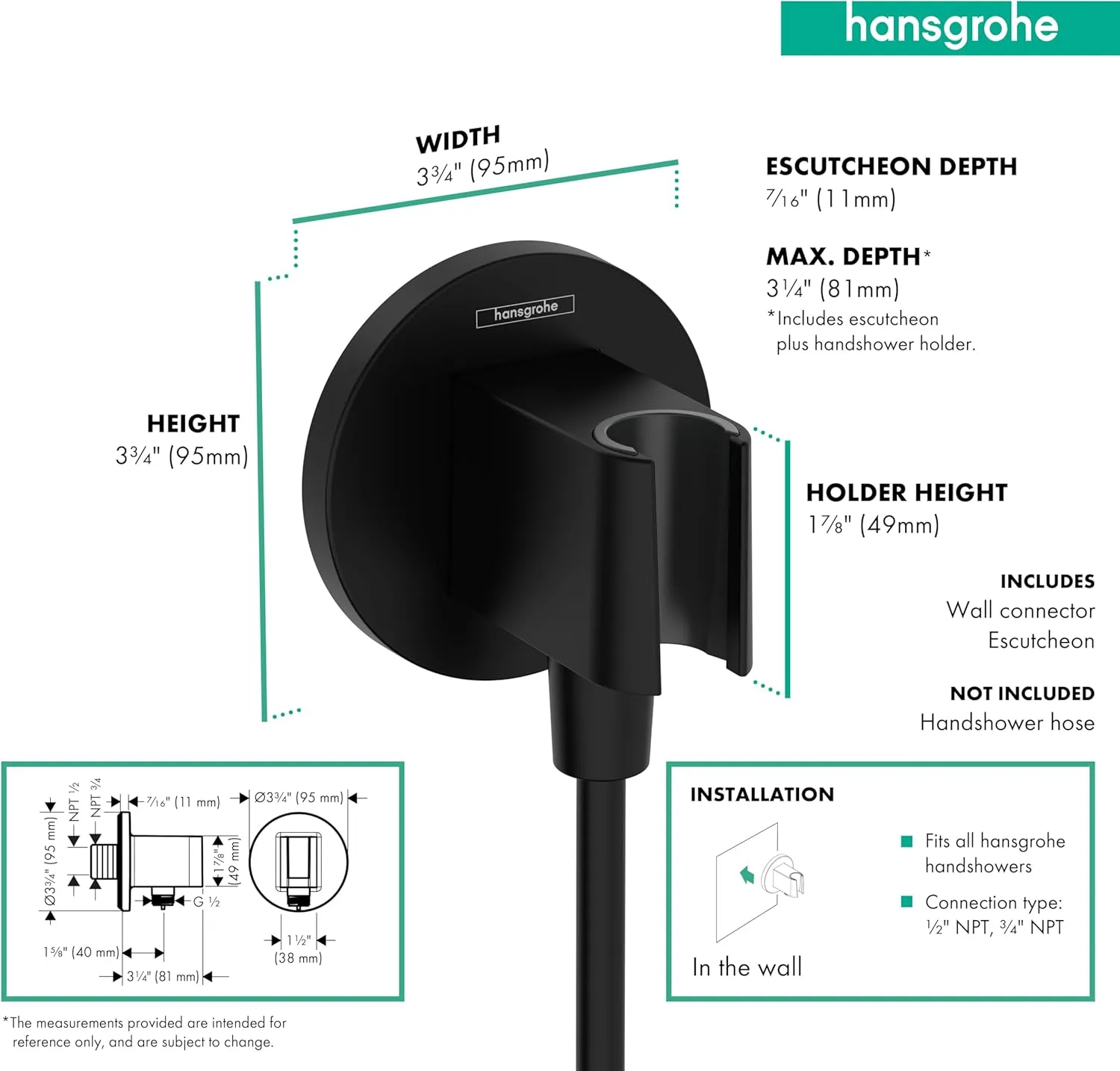 hansgrohe FixFit S Handheld Shower Wall Outlet 1/2-inch Thread Connection in Matte Black, 26888671